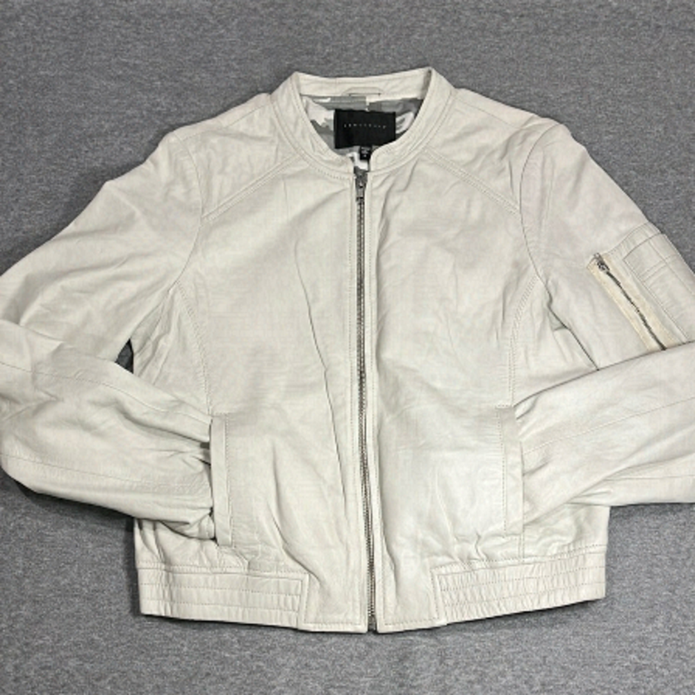 Sanctuary leather bomber style oyster white colored jacket.